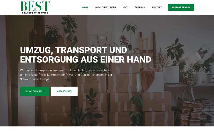 Bildschirmaufnahme der Startseite von BEST Transport Service GmbH, Umzug und Transport