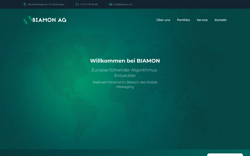 Bildschirmaufnahme der Startseite von Biamon AG, Mobile Messaging