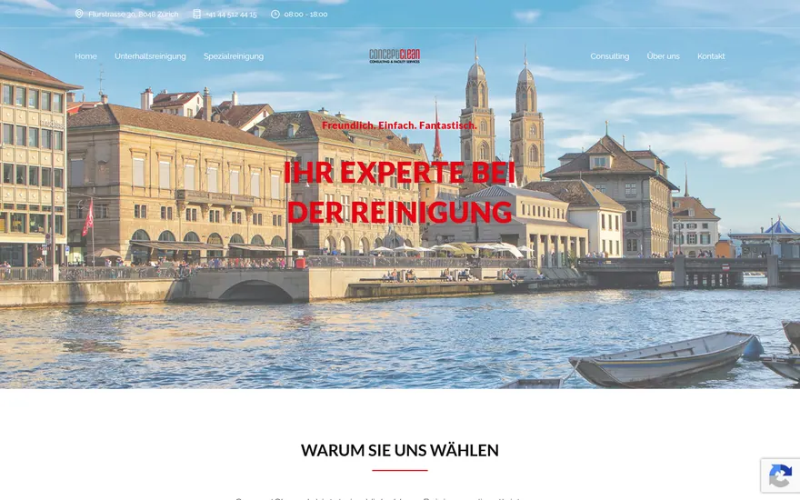 Bildschirmaufnahme der Startseite von ConceptClean, Reinigung und Hauswartung
