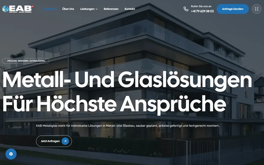 Bildschirmaufnahme der Startseite von EAB Metallglas GmbH, Metall- und Glasbau