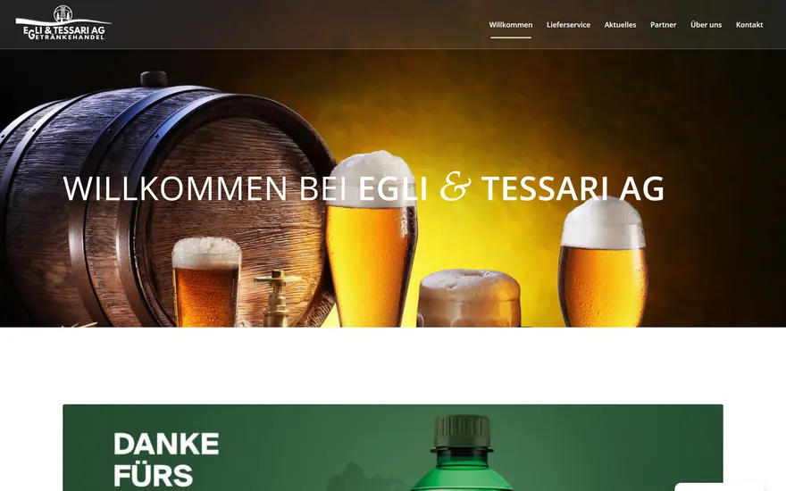 Bildschirmaufnahme der Startseite von Egli & Tessari AG, Getränkehandel