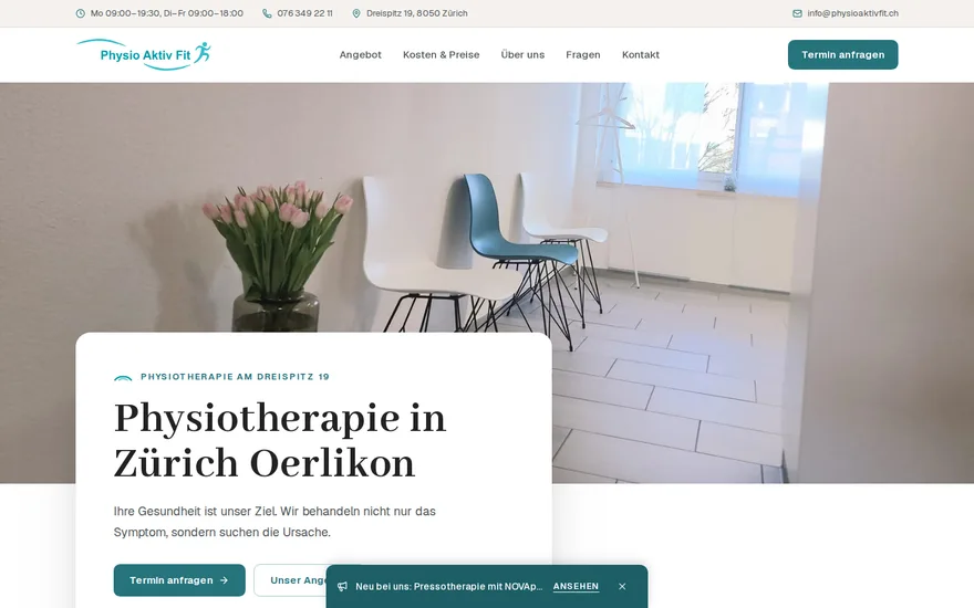 Bildschirmaufnahme der Startseite von Physio Aktiv Fit, Physiotherapie
