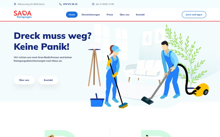 Bildschirmaufnahme der Startseite von SADA Reinigungen GmbH, Reinigung und Hauswartung