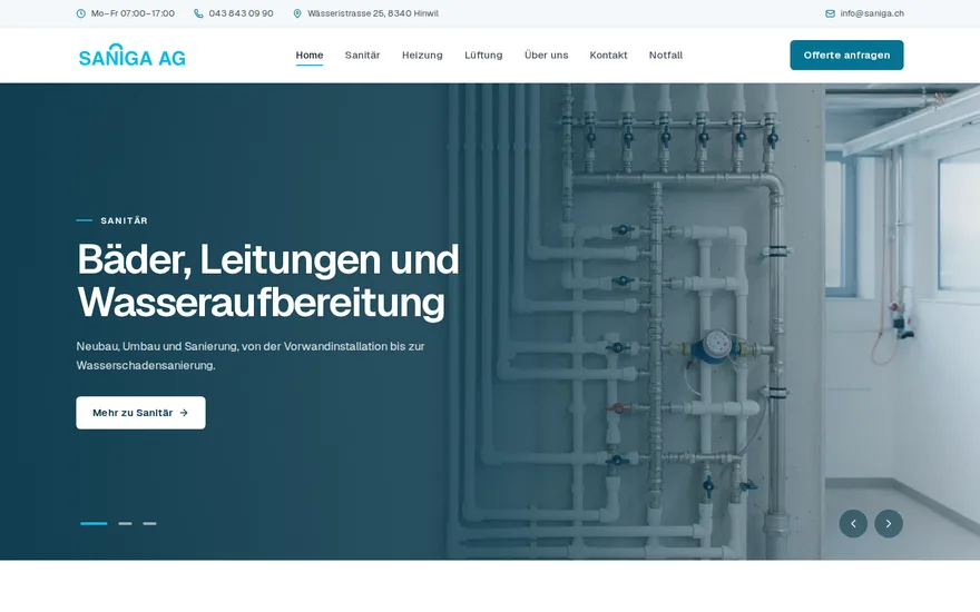 Bildschirmaufnahme der Startseite von Saniga AG, Sanitär, Heizung, Lüftung