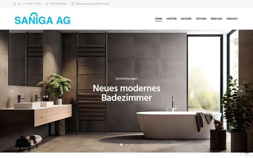 Bildschirmaufnahme der Startseite von Saniga AG, Sanitär, Heizung, Lüftung