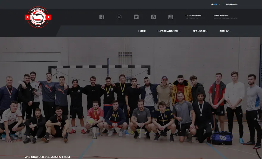 Bildschirmaufnahme der Startseite von Soccermasters, Hallenfussball-Turnier