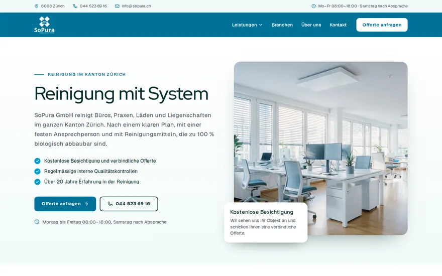 Bildschirmaufnahme der Startseite von SoPura GmbH, Reinigung