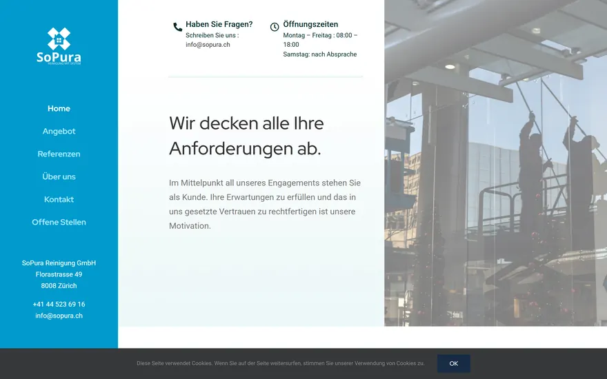 Bildschirmaufnahme der Startseite von SoPura Reinigung, Reinigung