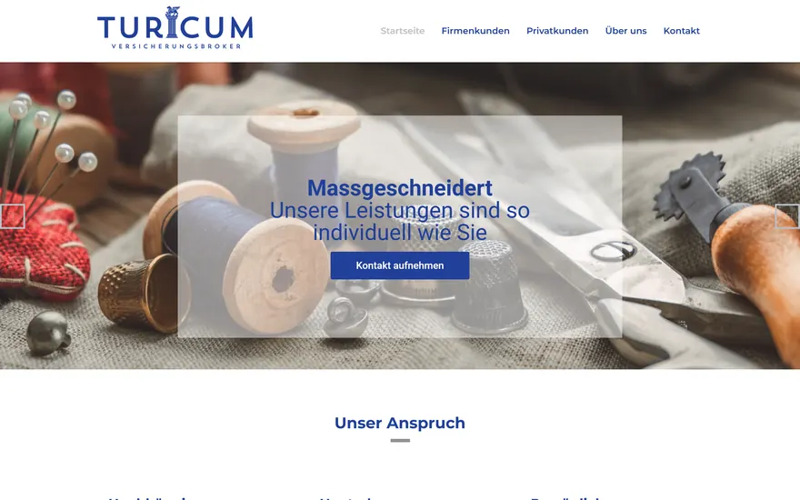 Bildschirmaufnahme der Startseite von Turicum Versicherungsbroker AG, Versicherungsbroker