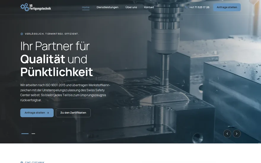 Bildschirmaufnahme der Startseite von VB-Fertigungstechnik GmbH, CNC-Fertigung