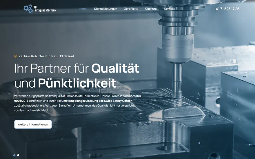 Bildschirmaufnahme der Startseite von VB-Fertigungstechnik, Fertigungstechnik